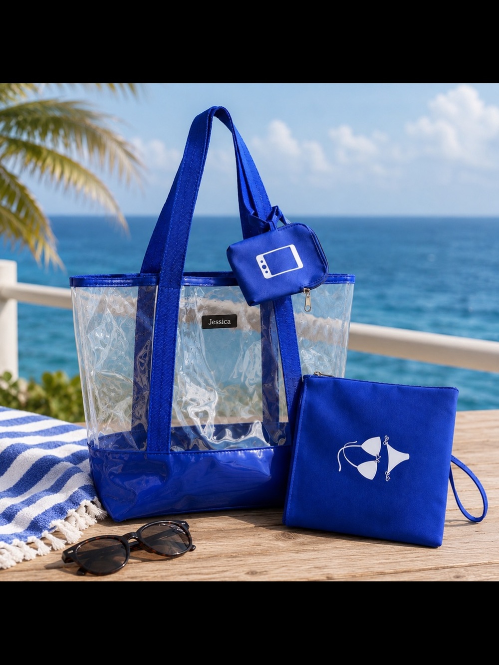 Jessica 3 Piece Set Clear Tote with Blue Straps